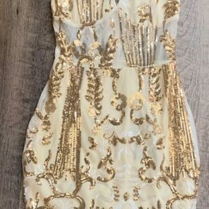 PrettyLittleThing Cream and Gold Sequin Mini Dress